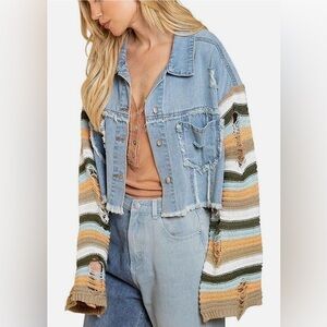 POL Blue Jean Jacket with Multicolor Striped Sleeves